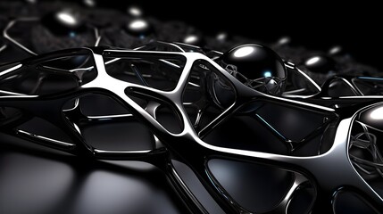 Intricate Silver and Black Molecular Network of Futuristic Digital Connectivity and Technological Innovation - obrazy, fototapety, plakaty