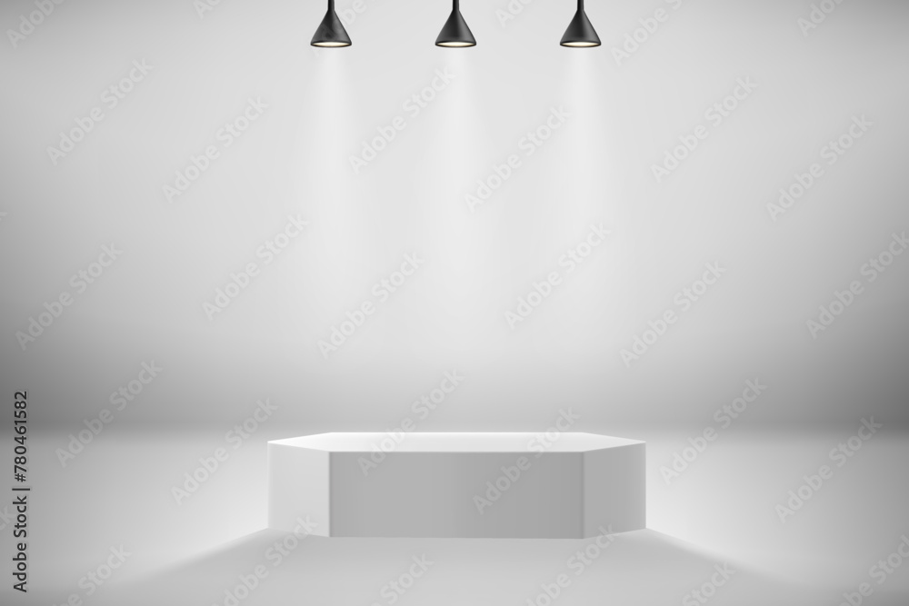 Poster white illuminated stage with projectors and podium. 3d vector illustration