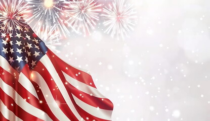 3D rendering of American flag with fireworks on white background with empty copy space. Holiday concept for 4th of July, President's Day, Independence Day, US National Day, Labor Day, Fourth of July