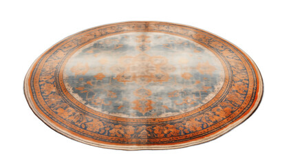 Round orange and blue oriental carpet with intricate floral pattern and distressed texture