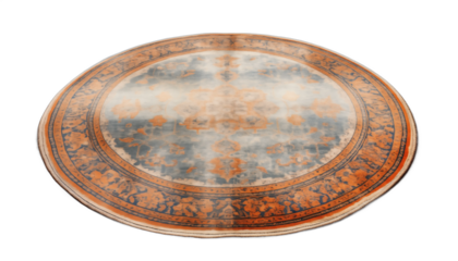 Round orange and blue oriental carpet with intricate floral pattern and distressed texture