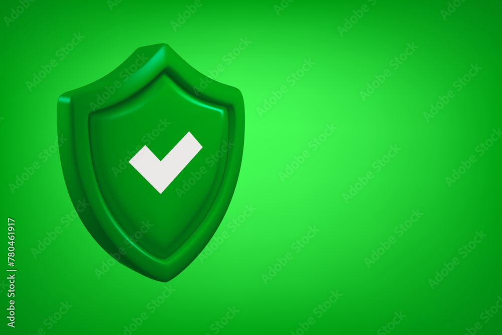 Poster green shield with white checkmark isolated on green background. approved concept. 3d vector banner w