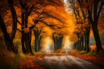 A country lane bordered by trees, their branches alive with the colors of fall.