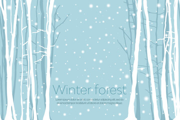 Winter landscape with snow. View of the winter forest, a place for outdoor recreation. Vector background. Snowfall.