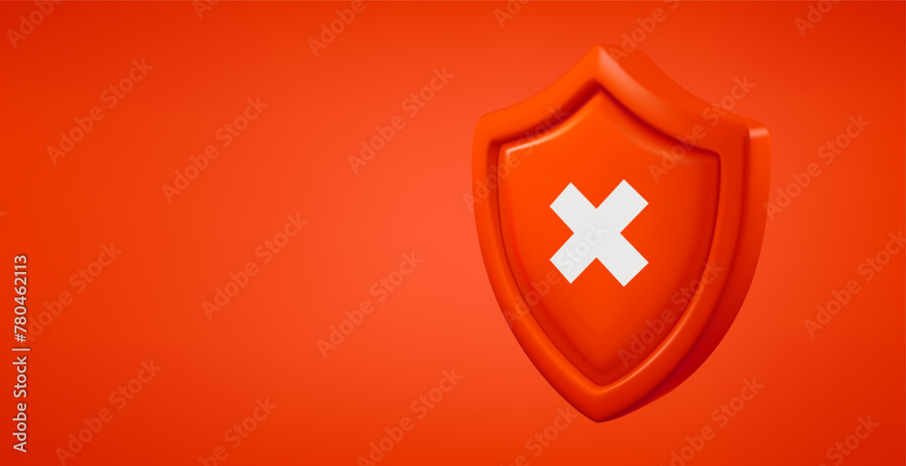Poster Red shield with white cross isolated on red background. 3d vector banner with copy space