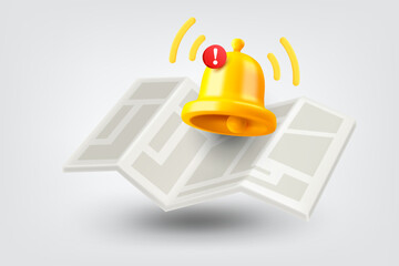 Paper map with ringing bell. Vector 3d illustration