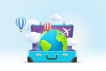 Blue suitcase with the Earth. World travel concept. 3d vector illustration