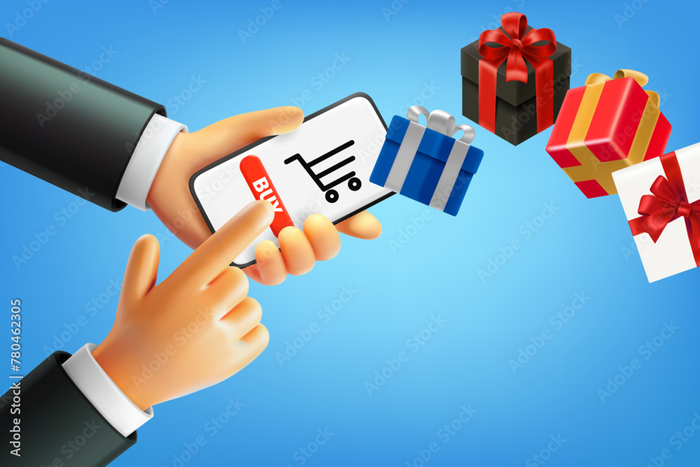 Poster man buying gifts via internet with smartphone. 3d vector illustration