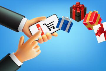 Man buying gifts via internet with smartphone. 3d vector illustration