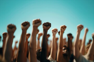 A crowd of people raising their fists in the air at a fun event
