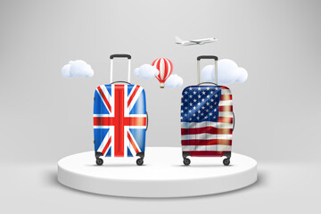 Showcase with travel bags with flags. World travel concept. 3d vector illustration