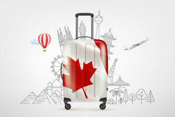Plastic travel bag with canadian flag and famous world sights. 3d vector concept