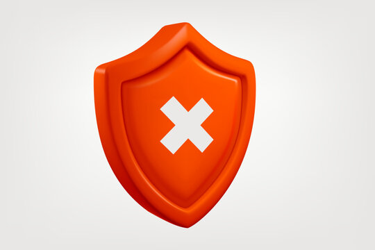 Red shield with white cross isolated on white background. Forbidden concept. 3d vector banner