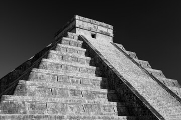 Kukulkan mayan pyramid in black and white, Chichen Itza, Mexico.