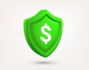 Green shield with dollar sign isolated on white background. 3d vector illustration