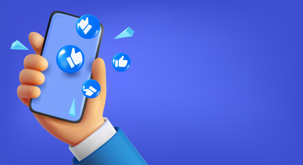 Man holding mobile phone with likes. 3d vector banner with copy space