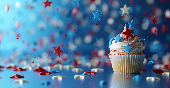 3D rendering on cupcake decorated with red, white and blue stars with bokeh. Holiday concept for 4th of July, President's Day, Independence Day, US National Day, Labor Day, Fourth of July