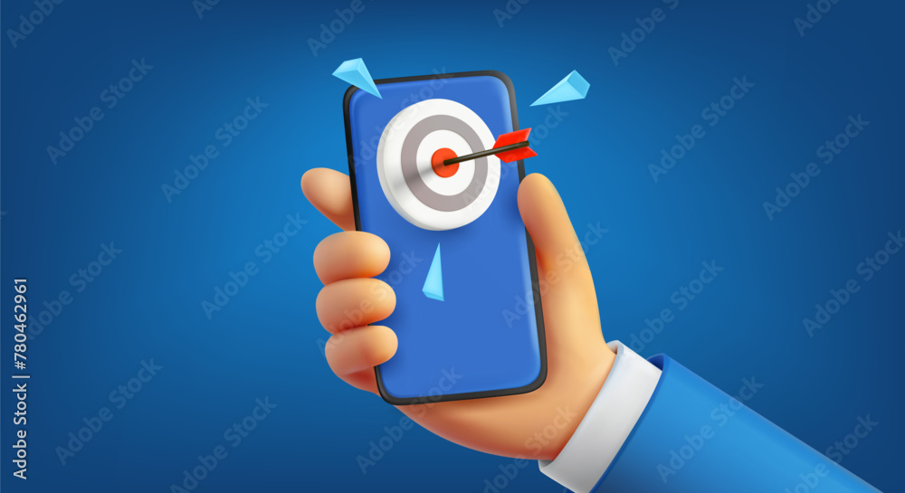 Poster man holding mobile phone with dart. business goal concept. 3d vector illustration