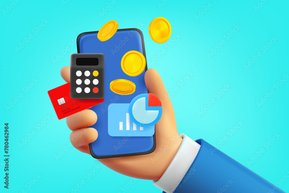 Poster Using mobile phone for making money. 3d vector concept