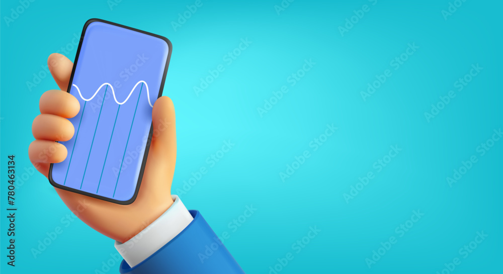 Poster Man holding mobile phone with trading diagram. 3d vector banner with copy space