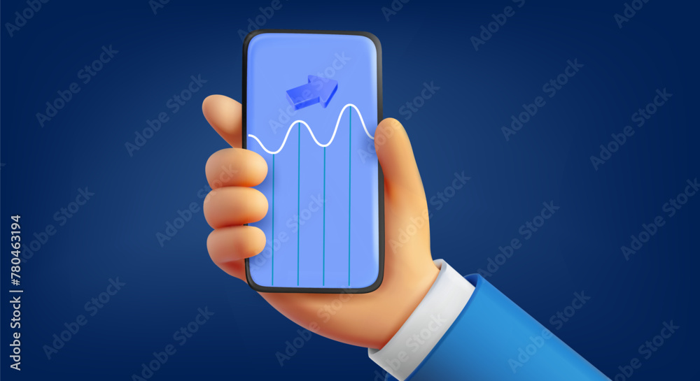Poster man holding mobile phone with trading diagram. 3d vector illustration