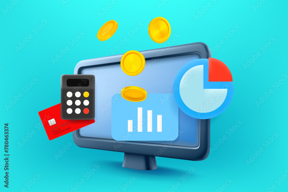 Poster Using computer for making money concept. 3d vector illustration