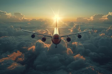 An airplane travels through the clouds in the sky at sunset - obrazy, fototapety, plakaty