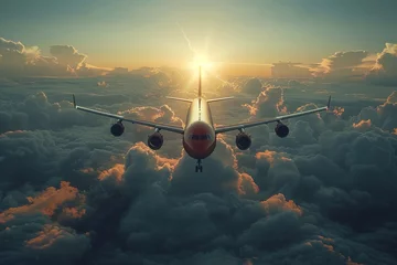 Poster An airplane travels through the clouds in the sky at sunset © Vladimir