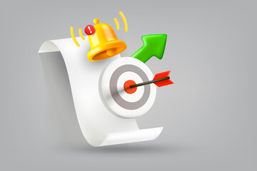 Business management concept with bell, arrow, target. Vector 3d illustration