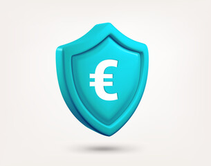 Blue shield with euro sign isolated on white background. 3d vector illustration