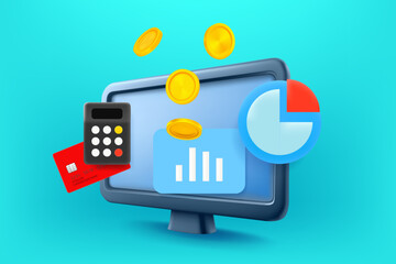 Using computer for making money concept. 3d vector illustration