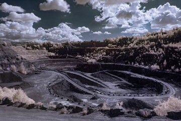 Aerial view of field surrounded by dense trees