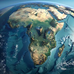 High-res African physical map with detailed geography. Flattened Earth satellite view showcasing global topography. Stunning 3D illustration