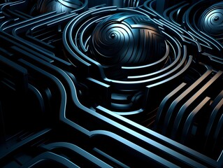 Mesmerizing Geometric Labyrinth:A Captivating Interplay of Dark,Intricate Digital Pathways and Interconnected Complexity
