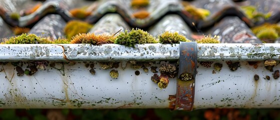 Moss-Clad Gutter in Need of Care. Concept Gutter Cleaning, Moss Removal, Home Maintenance, Exterior Repairs, Preventative Care