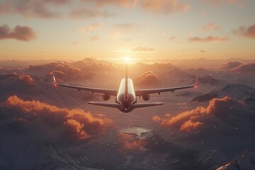 An aircraft soars through clouds in the sky at sunset - obrazy, fototapety, plakaty
