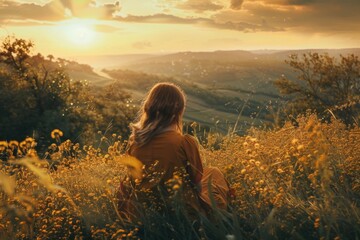 Woman enjoying a tranquil sunset amidst a blooming field - 780464538