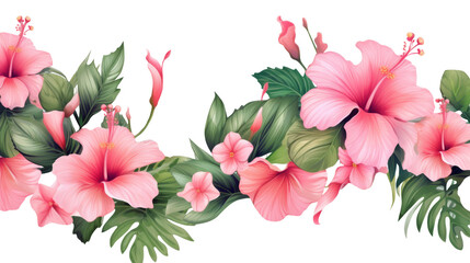 Pink hibiscus and green leaves on transparent background, for decoration border art frame,banner,artwork and for illustration advertising.