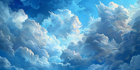 blue sky with clouds and sun, white fluffy clouds on blue sky background, banner - obrazy, fototapety, plakaty