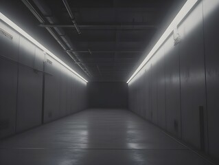 Monochrome Illuminated Architectural Corridor in Dark Industrial Underground Facility