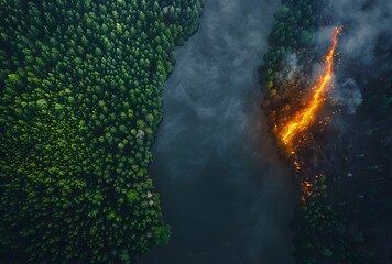 a river with a fire and trees