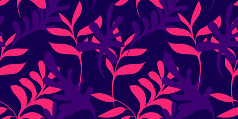 Vector hand drawn abstract shapes bold branches leaves seamless pattern on a violet background. Colorful simple botanical motif printing. Template for designs, fashion, textiles, fabric, wallpaper