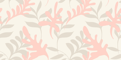 Organic shapes abstract branches leaves seamless pattern. Vector hand drawn sketch. Monotone pastel light background with minimalist botanical printing. Template for designs, textile, fabric,