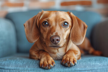 the dachshund is resting in a blue armchair looking at the camera