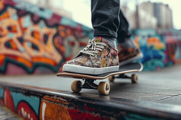 Fashionable Skate Shoes on Skateboard, Colorful Graffiti Art in Urban Skatepark