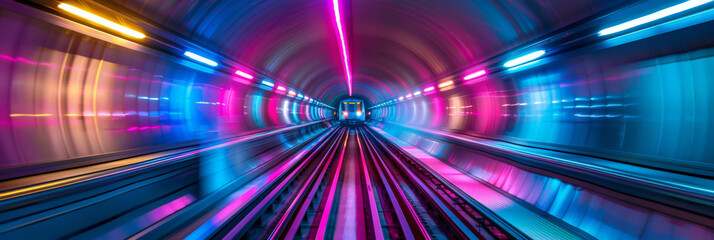 Obraz premium High-speed light trails through the tunnel, 3d colorful blue red pink oraange glowing grid tunnel with black hole, Cosmic wormhole. Abstract colorful tunnel banner 