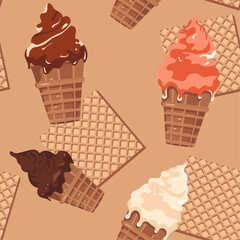 seamless ice cream pattern with waffle elements