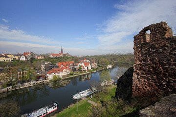 Fototapeta na wymiar View at river Saale from the Giebichenstein Castle in Halle - Saale, Saxony Anhalt - Germany