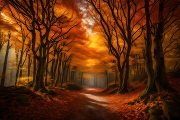 A quiet woodland path, with the canopy above ablaze in the colors of fall. - obrazy, fototapety, plakaty