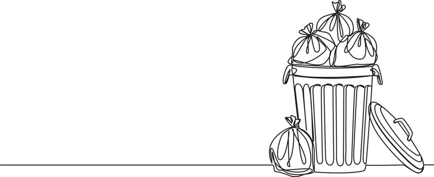 recommend clip art: continuous single line drawing of trash can overflowing with trash bags, line art vector illustration